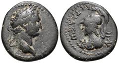 Roman Provincial PAMPHYLIA. Attalia. Domitian, 81-96. (Bronze, 20 mm, 4.74 g, 1 h). Laureate head of Domitian to right. Rev. ΑΤΤΑΛƐⲰΝ Helmeted bust of Athena to left, wearing aegis. RPC II online 1507