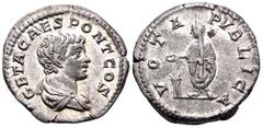 Roman Imperial Geta, as Caesar, 198-209. Denarius (Silver, 19 mm, 3.44 g, 1 h), Rome, 203-209. GETA CAES PONT COS Bare-headed and draped bust of Geta to right. Rev. VOTA PVBLICA Geta, togate, standing