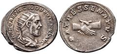 Roman Imperial Pupienus, 238. Antoninianus (Silver, 22 mm, 5.04 g, 1 h), Rome. IMP CAES PVPIEN MAXIMVS AVG Radiate, draped and cuirassed bust of Pupienus to right. Rev. PATRES SENATVS Clasped right ha