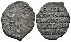 Byzantine Basil I the Macedonian, with Constantine, 867-886. Follis (Bronze, 28 mm, 4.89 g, 5 h), Constantinople mint (or uncertain provincial mint?). + bASILIOS S COhST AЧςς Half-length busts of Basi