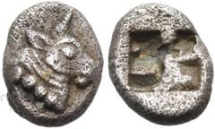 "Collection sans Pareille" of Ancient Greek Fractions, Part II MACEDONIA OR WESTERN ASIA MINOR. uncertain. early to mid 5th century BC. Hemiobol (Silver, 7 mm, 0.32 g). Head of a bull to right, with a