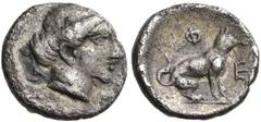 "Collection sans Pareille" of Ancient Greek Fractions, Part II THESSALY. Pherai. Circa 360s-350s BC. Tetartemorion (Silver, 7.5 mm, 0.23 g, 6 h). Head of Ennodia to right. Rev. Φ-Ε Hunting dog sitting