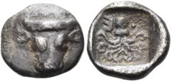 "Collection sans Pareille" of Ancient Greek Fractions, Part II EUBOIA. Eretria. Circa 500-465 BC. Obol (Silver, 9 mm, 0.63 g, 9 h), with a thick flan and a deep reverse incuse. Bull's head facing. Rev