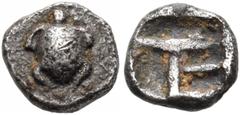 "Collection sans Pareille" of Ancient Greek Fractions, Part II ISLANDS OFF ATTICA, Aegina. Circa 456/45-431 BC. Tetartemorion (Silver, 5 mm, 0.20 g). Sea turtle. Rev. Incuse square with monogram of ΤΕ