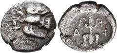 "Collection sans Pareille" of Ancient Greek Fractions, Part II ELIS. Olympia. 78th Olympiad, 468 BC. Obol (Silver, 11 mm, 0.85 g, 2 h), 468. Eagle flying right with wings above and below his body, gra