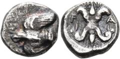 "Collection sans Pareille" of Ancient Greek Fractions, Part II ELIS. Olympia. 78th-82nd Olympiad, 468-452 BC. Obol (Silver, 9 mm, 1.02 g, 4 h), circa 460s. Eagle flying left with wings above and below