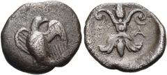 "Collection sans Pareille" of Ancient Greek Fractions, Part II ELIS. Olympia. 87th-90th Olympiad, 432-420 BC. Obol (Silver, 12 mm, 0.81 g), circa 460s. Eagle standing left, with open wings and his hea
