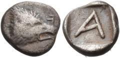 "Collection sans Pareille" of Ancient Greek Fractions, Part II ELIS. Olympia. 91st-94th Olympiad, 416-404 BC. Hemiobol (Silver, 8 mm, 0.50 g, 9 h), circa 460s. Ϝ (retrograde) Head of an eagle to right