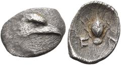 "Collection sans Pareille" of Ancient Greek Fractions, Part II ELIS. Olympia. 96th-100th Olympiad, 396-380 BC. Tetartemorion (Silver, 6x8 mm, 0.17 g, 4 h), with an eagle head struck from dies engraved