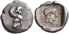 "Collection sans Pareille" of Ancient Greek Fractions, Part II CARIA, Dynasts of Caria. Orou, Circa 470-450 BC. Hemiobol (Silver, 9 mm, 0.52 g, 3 h), on the Aeginetic standard. Sphinx seated to right,