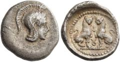 "Collection sans Pareille" of Ancient Greek Fractions, Part II LYCIA. Tlos. Uncertain dynast, circa 400-380 BC. Obol (Silver, 9 mm, 0.65 g, 7 h). Head of Athena to right, wearing crested helmet. Rev. 