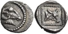"Collection sans Pareille" of Ancient Greek Fractions, Part II LYCIA. Uncertain mint. earlier 4th century BC. Obol (Silver, 11.5 mm, 0.83 g, 4 h). Ram's head and neck to right, with a dotted truncatio