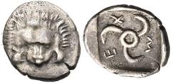 "Collection sans Pareille" of Ancient Greek Fractions, Part II DYNASTS OF LYCIA. Mithrapata, circa 390-370 BC. Hemiobol (Silver, 8 mm, 0.35 g, 6 h). Lion's scalp facing. Rev. Μ - Ε - 𐊉 Triskeles to l