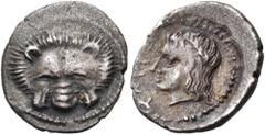 "Collection sans Pareille" of Ancient Greek Fractions, Part II LYCIA. Tlos. Time of Mithrapata, circa 390-370 BC. Obol (Silver, 10 mm, 0.62 g, 10 h). Lion's scalp facing. Rev. ΤΛ - [ΑϜΕ] Laureate head