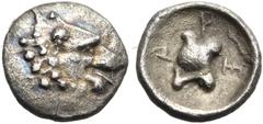 "Collection sans Pareille" of Ancient Greek Fractions, Part II DYNASTS OF LYCIA. Xanthos. After Circa 360 BC. Hemiobol (Silver, 8 mm, 0.29 g, 8 h). Lion's head with open jaws to right. Rev. 𐊀-𐊕-𐊑 A