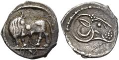 The Dr. Peter Paul Urone Collection of Greek Coins LUCANIA. Sybaris. Circa 550-510 BC. Hemiobol (Silver, 10 mm, 0.28 g, 6 h). VM Bull standing to left, head turned back to right; circular linear borde