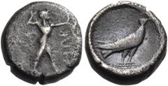 The Dr. Peter Paul Urone Collection of Greek Coins LUCANIA. Sybaris III. 453-448 BC. Triobol (Silver, 10 mm, 1.40 g, 5 h). VM Poseidon advancing to right, chlamys draped over his shoulders, wielding a