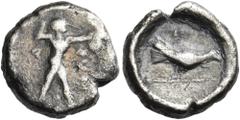 The Dr. Peter Paul Urone Collection of Greek Coins LUCANIA. Sybaris III. 453-448 BC. Triobol (Silver, 11 mm, 1.19 g, 9 h). MVB (retrograde) Poseidon striding to right, hurling his trident with his upr