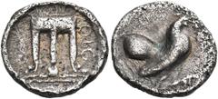 The Dr. Peter Paul Urone Collection of Greek Coins BRUTTIUM. Kroton. Circa 500-480 BC. Triobol (Silver, 12 mm, 1.17 g, 5 h). ϘΡΟ Tripod with legs ending in lions' paws and with three rings on the bowl