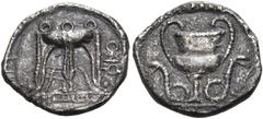 The Dr. Peter Paul Urone Collection of Greek Coins BRUTTIUM. Kroton. Circa 460 BC. Triobol (Silver, 12.5 mm, 1.25 g, 1 h). ϘPO (retrograde) Tripod with three ring handles and legs ending in lion's paw