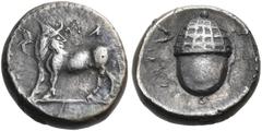 The Dr. Peter Paul Urone Collection of Greek Coins BRUTTIUM. Laos. Circa 480-460 BC. Triobol (Silver, 10 mm, 1.05 g, 11 h). ΛΑ - Σ (retrograde) Man-faced bull standing to left, his head turned back to