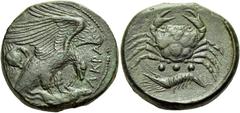 The Dr. Peter Paul Urone Collection of Greek Coins SICILY. Akragas. Circa 415-406 BC. Tetras (Bronze, 22.5 mm, 10.51 g, 6 h). ΑΚΡΑ Eagle, with open wings, standing to right on the belly of a dead hare