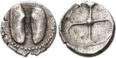 The Dr. Peter Paul Urone Collection of Greek Coins SICILY. Kamarina. Circa 480-450 BC. Litra (Silver, 9 mm, 0.50 g). Open mussel seen from above; border of dots. Rev. Wheel of four spokes. G. Manganar
