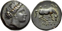 The Dr. Peter Paul Urone Collection of Greek Coins THESSALY. Larissa. Mid to late 4th century BC. Dichalkon (Bronze, 18.3 mm, 4.23 g, 12 h). Head of the nymph Larissa to right, wearing triple pendant 