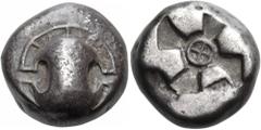 The Dr. Peter Paul Urone Collection of Greek Coins BOEOTIA. Thebes. Circa 480-460 BC. Stater (Silver, 17 mm, 11.55 g). Boeotian shield, with a rim divided into eight segments. Rev. Incuse square with 