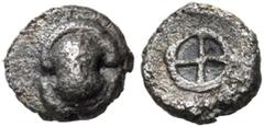 The Dr. Peter Paul Urone Collection of Greek Coins BOEOTIA. Thebes. Circa 480-460 BC. Tetartemorion (Silver, 5.5 mm, 0.16 g), Small, thin flan. Boiotian shield. Rev. Archaic ⨂ in concave field. BCD Bo