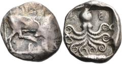 The Dr. Peter Paul Urone Collection of Greek Coins EUBOIA. Eretria. Circa 500-465 BC. Stater (Silver, 22 mm, 7.65 g, 6 h). Cow standing to right, turning back its head to lick its raised right hind ho