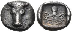 The Dr. Peter Paul Urone Collection of Greek Coins EUBOIA. Eretria. Circa 500-465 BC. Obol (Silver, 8.5 mm, 0.56 g, 12 h), with a thick flan and a deep reverse incuse. Bull's head facing. Rev. Octopus