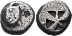 The Dr. Peter Paul Urone Collection of Greek Coins ISLANDS OFF ATTICA, Aegina. Circa 525-480 BC. Stater (Silver, 20 mm, 11.70 g). Sea turtle; flattened by overstriking with a die bearing a globe, a fl