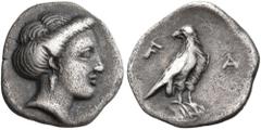 The Dr. Peter Paul Urone Collection of Greek Coins ELIS. Olympia. Circa 350s-340s BC. Obol (Silver, 12 mm, 0.91 g, 5 h). Head of the nymph Olympia to right. Rev. F A Eagle with closed wings standing r