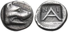 The Dr. Peter Paul Urone Collection of Greek Coins ARGOLIS. Argos. Circa 330-270 BC. Obol (Silver, 9 mm, 0.81 g, 3 h). Wolf's head to right. Rev. Α with, to left and right, Ν - Ι; all within an incuse