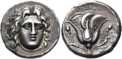 The Dr. Peter Paul Urone Collection of Greek Coins ISLANDS OFF CARIA, Rhodos. Rhodes. Circa 305-275 BC. Didrachm (Silver, 20 mm, 6.68 g, 12 h), struck under the magistrate A.... Head of Helios facing,