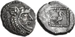 Greek THRACE. Dikaia. Circa 480-450 BC. Triobol (Silver, 13 mm, 1.78 g, 10 h). Head of bearded Herakles to right, wearing lion skin headdress. Rev. Rooster moving to right; all in shallow incuse squar