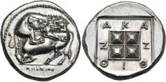 Greek MACEDON. Akanthos. Circa 380-350 BC. Tetradrachm (Silver, 25 mm, 14.33 g, 5 h), struck under the magistrate Alexios, circa 350s. ΑΛΕΞΙOΣ Lion to right, attacking bull collapsing to left. Rev. ΑΚ