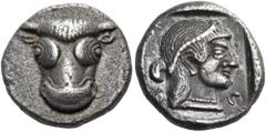 Greek PHOKIS, Federal Coinage. Circa 485-480 BC. Triobol (Silver, 14 mm, 3.03 g, 12 h). Bull's head facing. Rev. Φ-O-K-I Head of Artemis to right, wearing diadem and pearl necklace; all within incuse 