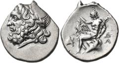 Greek ARKADIA, Arkadian League. Megalopolis. Circa 175-168 BC. Triobol (Silver, 17 mm, 2.37 g, 12 h). Laureate head of Zeus to left. Rev. Pan seated left on rock, his right hand raised and holding a l