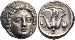 Greek ISLANDS OFF CARIA, Rhodos. Rhodes. Circa 404-385 BC. Tetradrachm (Silver, 23 mm, 15.17 g, 12 h). Head of Helios facing slightly to right. Rev. [Ρ]ΟΔΙΟΝ Rose with bud to left; in left field, Φ; i