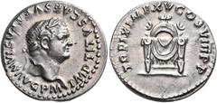 Roman Imperial & Provincial Titus, 79-81. Denarius (Silver, 18 mm, 3.68 g, 5 h), Rome, 79-80. IMP TITVS CAES VESPASIAN AVG P M Laureate head of Titus to right. Rev. TR P IX IMP XV COS VIII P P Draped 