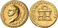 Roman Imperial & Provincial Titus, 79-81. Aureus (Gold, 18 mm, 7.28 g, 5 h), Rome, 80. IMP TITVS CAES VESPASIAN AVG P M Laureate head of Titus to left. Rev. TR P IX IMP XV COS VIII P P Curule chair su