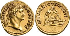 Roman Imperial & Provincial Domitian, 81-96. Aureus (Gold, 19.5 mm, 7.50 g, 6 h), Rome, 92-94. DOMITIANVS AVGVSTVS Laureate head of Domitian to right. Rev. GERMANICVS COS XVI Germania, in attitude of 