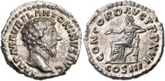 Roman Imperial & Provincial Marcus Aurelius, 161-180. Denarius (Silver, 17.5 mm, 3.32 g, 6 h). IMP M AVREL ANTONINVS AVG Bare head of Marcus Aurelius to right. Rev. CONCORD AVG TR P XVI / COS III Conc
