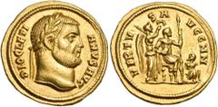Roman Imperial & Provincial Diocletian, 284-305. Aureus (Gold, 19.5 mm, 5.46 g, 6 h), Cyzicus. DIOCLETI - ANVS Laureate head of Diocletian to right. Rev. VIRTV - S A - VGG NN Emperor seated to right o
