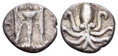 Greek BRUTTIUM. Kroton. Circa 425-350 BC. Obol (Silver, 8 mm, 0.38 g, 5 h). Tripod; to left, O (= denomination?). Rev. Octopus. Cf. HN III 2128 (triobol). cf. HGC 1, 1476 (triobol). cf. SNG ANS 330-1 