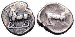 Greek BRUTTIUM. Laos. Circa 480-460 BC. Triobol (Silver, 11 mm, 1.19 g, 3 h). ΛΑϞ (retrograde) Man-faced bull standing to left, his head turned back to right. Rev. ΛΑϞ (retrograde) Bull standing to ri