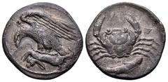 Greek SICILY. Akragas. Circa 420-410 BC. Hemidrachm (Silver, 16 mm, 1.98 g, 6 h). Eagle with spread wings to left, perched on dead hare and tearing it with its claws. Rev. A-[K-P-A] Crab; below, fish 