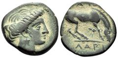 Greek THESSALY. Larissa. Circa 380-365 BC. Dichalkon (Bronze, 17 mm, 3.37 g, 3 h). Head of nymph Larissa to right, wearing triple pendant earring. Rev. ΛAPI[ΣAIΩN] Horse grazing right. BCD Thessaly I 